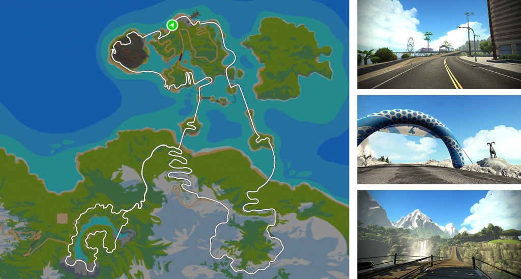 I Zwift Watopia verdenen kan du både køre flade-, kuperede- og bjergruter.